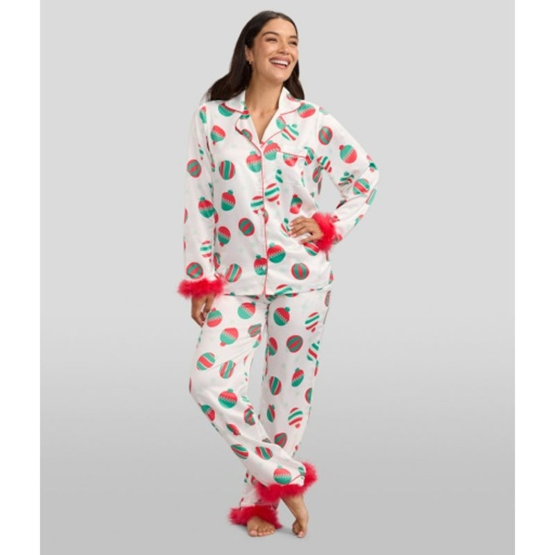 Tipsy Elves - Womens Elegant Ornaments Feathered-Cuff Pajamas