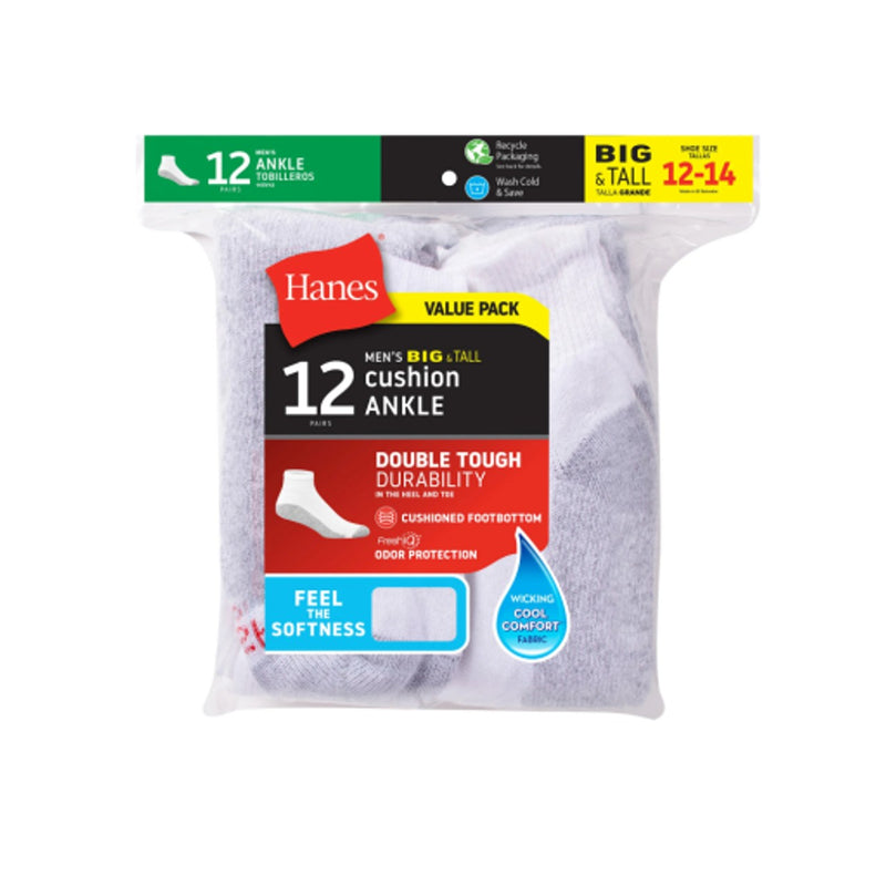Hanes - Mens Double Tough Mens Ankle Socks Shoe Sizes 12-14 12-Pairs