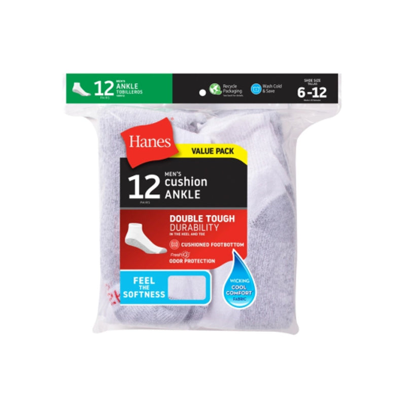 Hanes - Mens Double Tough Mens Ankle Socks Shoe Sizes 6-12 12-Pairs