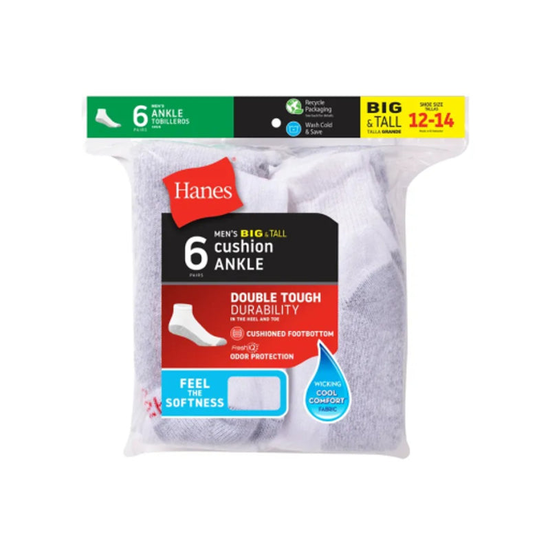 Hanes - Mens Double Tough Mens Big & Tall Ankle Socks Shoe Sizes 12-14 6-Pairs