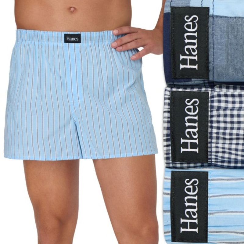 Hanes - Mens Originals Ultimate Mens Cotton Stretch Woven Boxer Underwear Blue Plaids/Prints 3-Pack