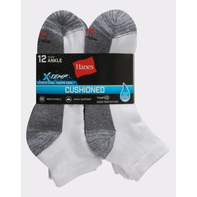 Hanes - Mens X-Temp Cushioned Ankle Socks 12-Pairs