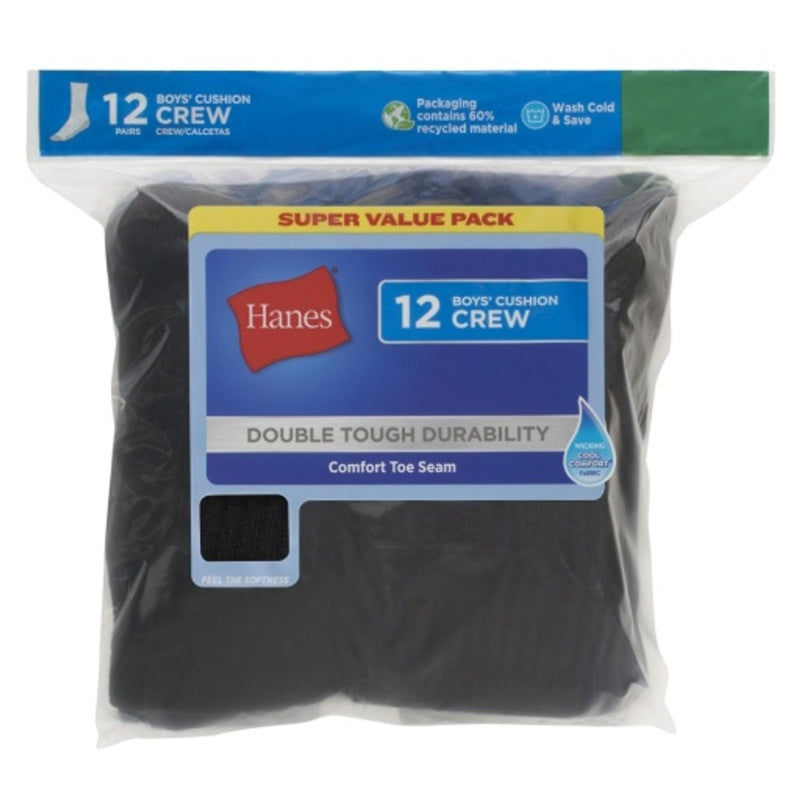 Hanes - Boys Double Tough Boys' Cushion Crew Socks 12-Pairs