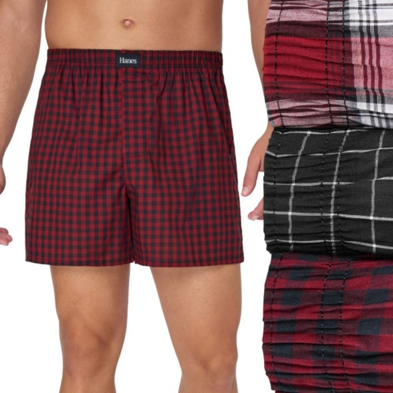 Hanes - Mens Originals Ultimate Mens Cotton Stretch Woven Boxer Underwear Red/Black Plaids 3-Pack