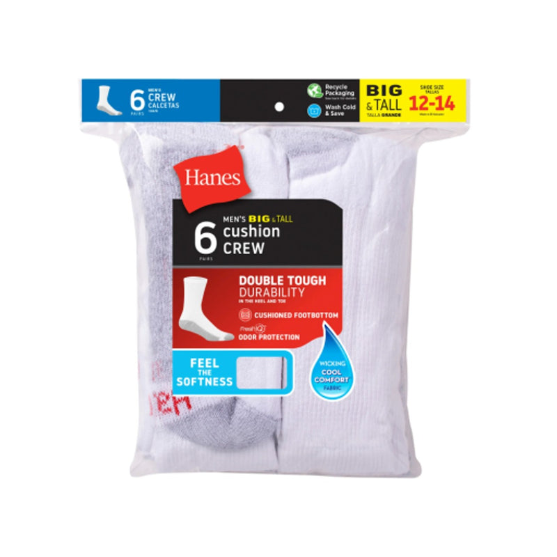 Hanes - Mens Double Tough Mens Big & Tall Cushion Crew Socks 6-Pairs