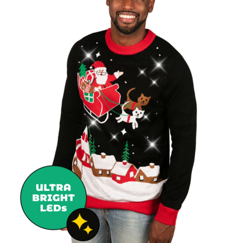 Tipsy Elves - Mens Meowy Christmas Sleigh Light Up Sweater