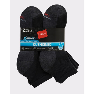 Hanes - Mens X-Temp Cushioned Big and Tall Ankle Socks 12-Pairs