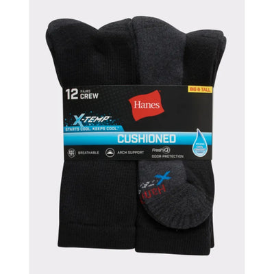 Hanes - Mens Freshiq X-Temp Active Cool Big and Tall Crew Socks 12-Pack