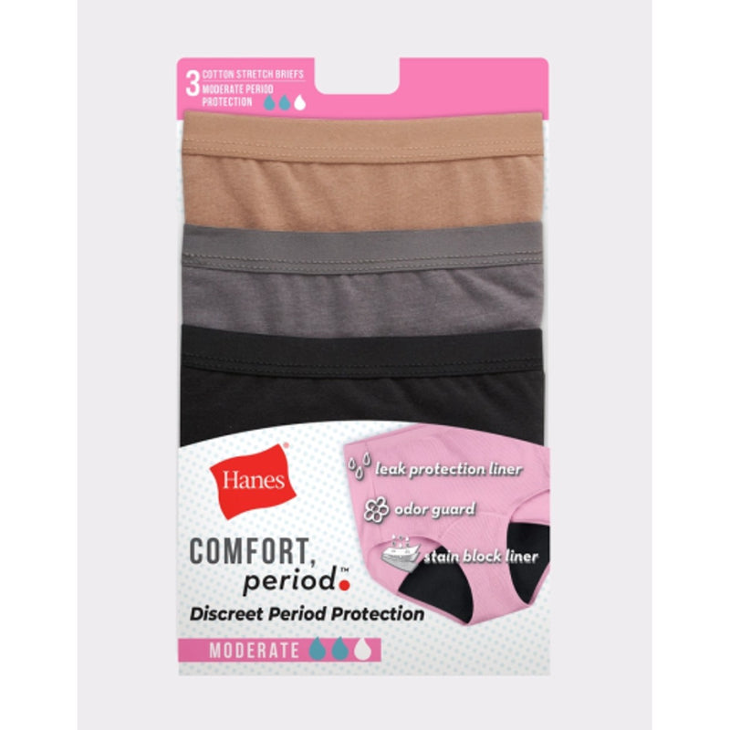 Hanes - Womens Comfort Period. Womens Brief Period Underwear Moderate Leaks Neutrals 3-Pack