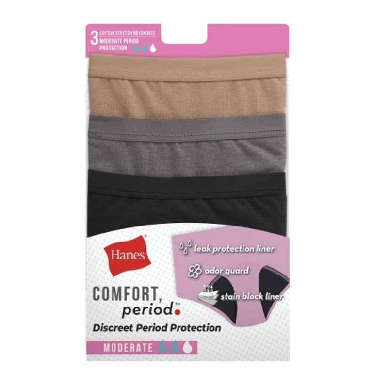 Hanes - Womens Comfort Period. Womens Boyshort Period Underwear Moderate Leaks Neutrals 3-Pack