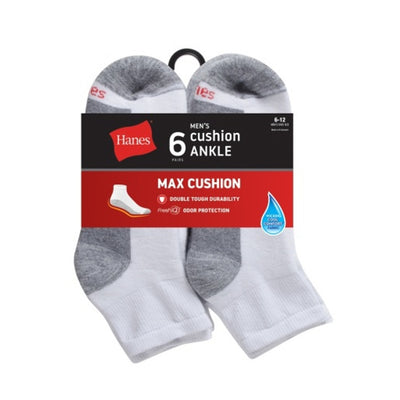 Hanes - Mens Double Tough Mens Ankle Socks Max Cushion 6-Pairs