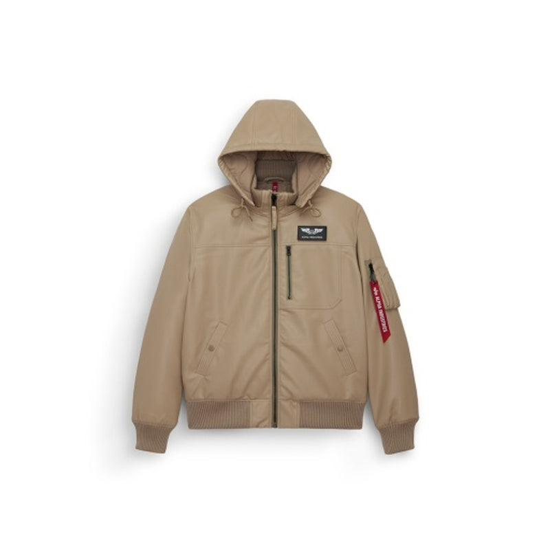 Alpha Industries - Mens Faux Leather Hooded Rib Flight Jacket