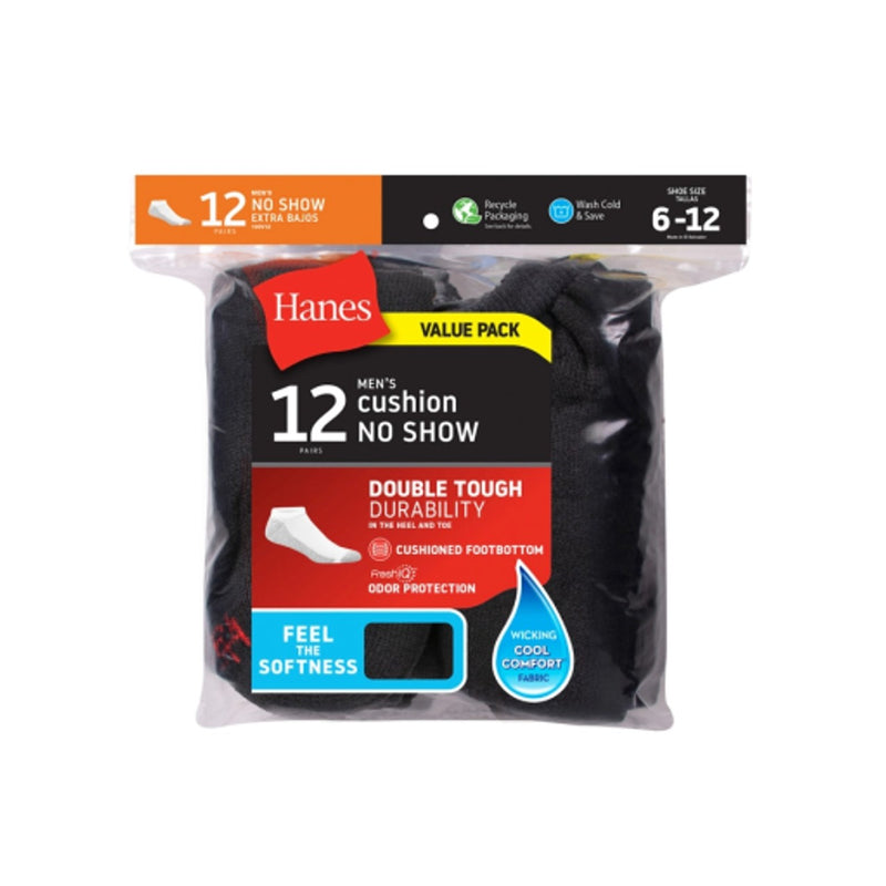 Hanes - Mens Double Tough Mens No-Show Socks Shoe Sizes 6-12 12-Pairs