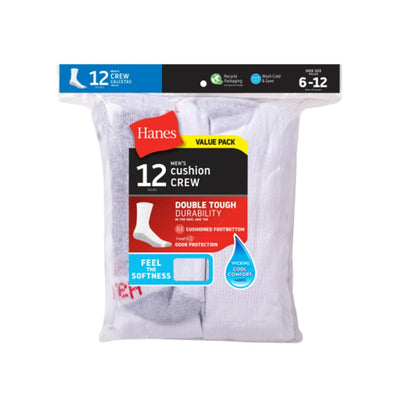 Hanes - Mens Double Tough Mens Crew Socks Shoe Sizes 6-12 12-Pairs