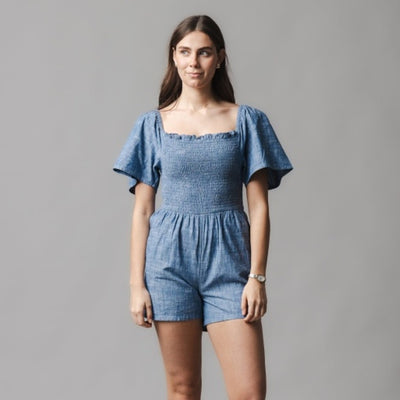 Hope & Henry - Womens Organic Smocked Chambray Romper