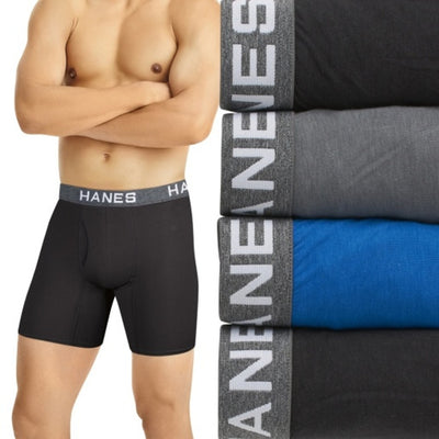 Hanes - Mens Ultimate Comfort Flex Fit Mens Boxer Brief Underwear Black/Grey/Blue 4-Pack