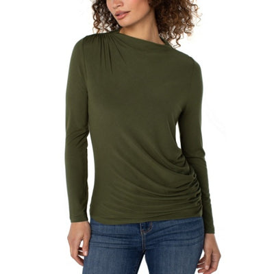 Liverpool Los Angeles - Womens Long Slv Mock Neck Knit Top with Shirring