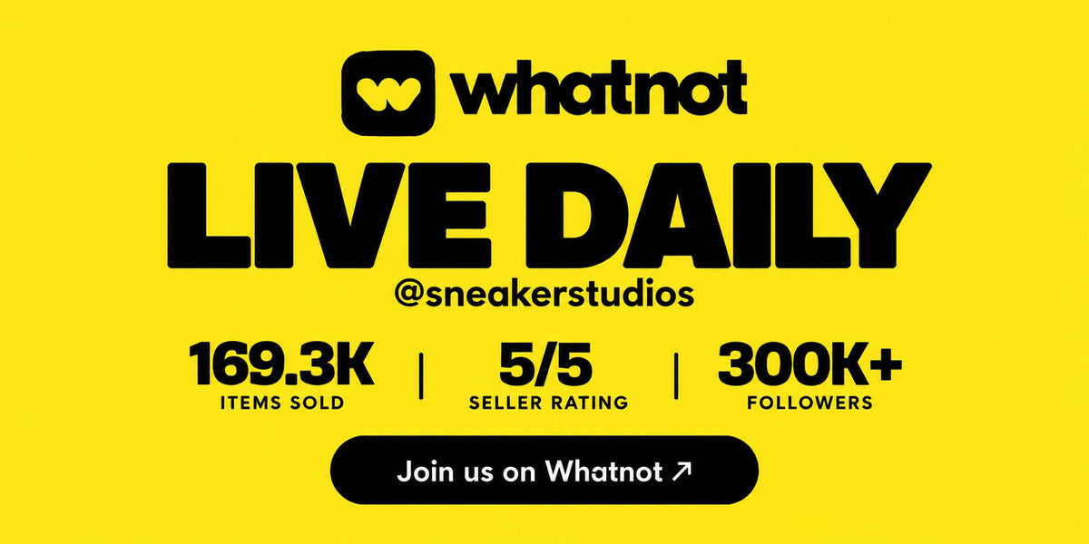 Whatnot. Live daily. @sneakerstudios. 169.3K items sold. 5/5 seller rating. 300K+ followers. Join us on Whatnot.